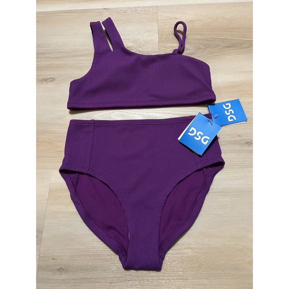 DSG Girls Asymmetric Swim Set High‎ Rise Vibrant Violet Large UV Protection NWT